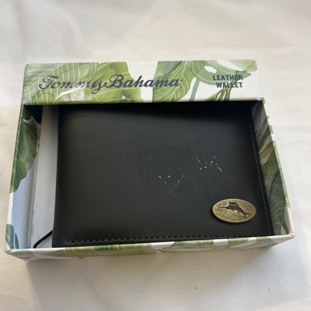 TOMMY BAHAMA brown Bifold Leather Men's Wallet ID Holder Marlin logo in brass